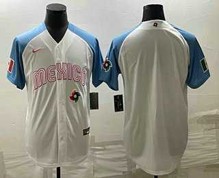 Mens Mexico Baseball Blank 2023 White Blue World Classic Stitched Jersey